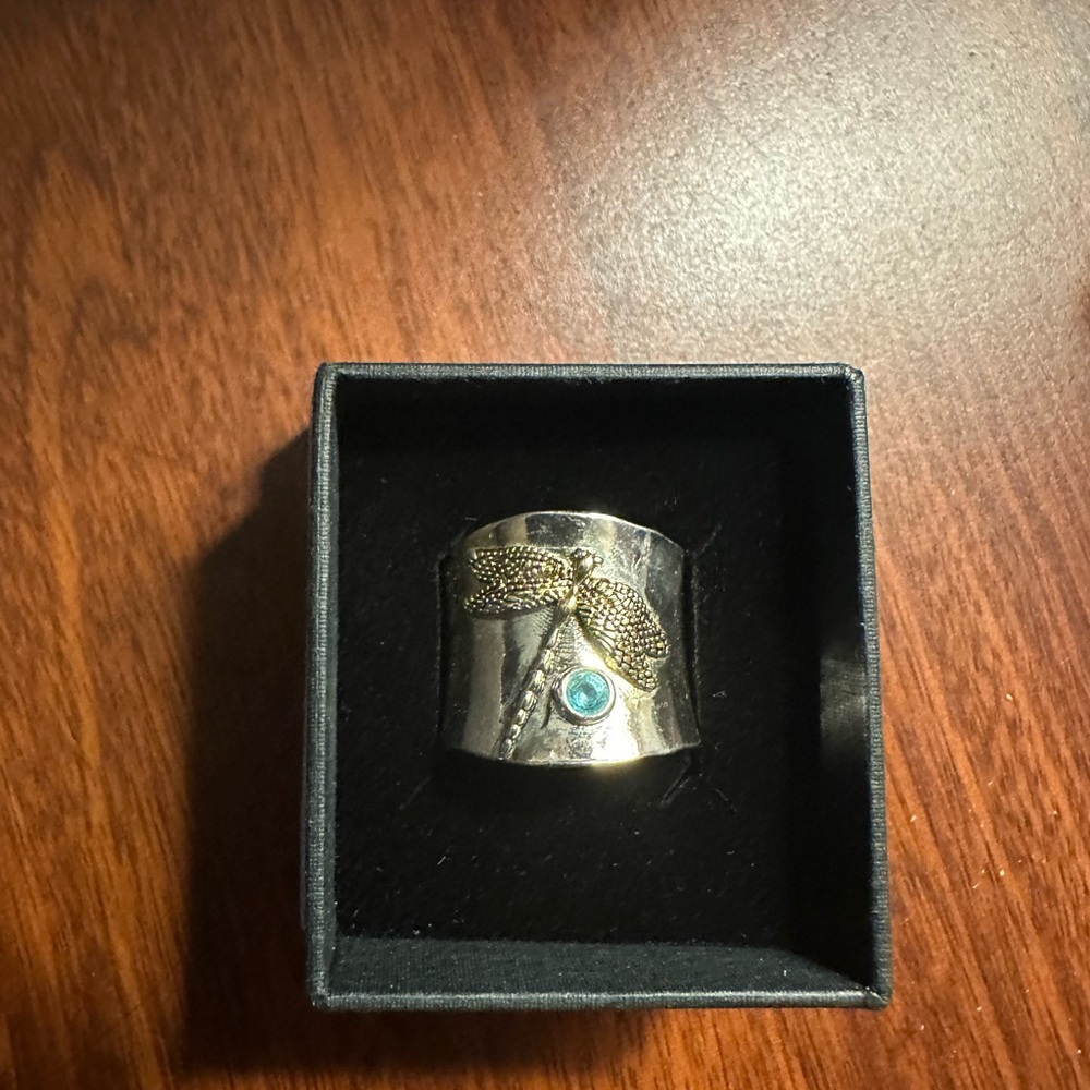 Gold and Silver Dragonfly Ring with Blue Accent